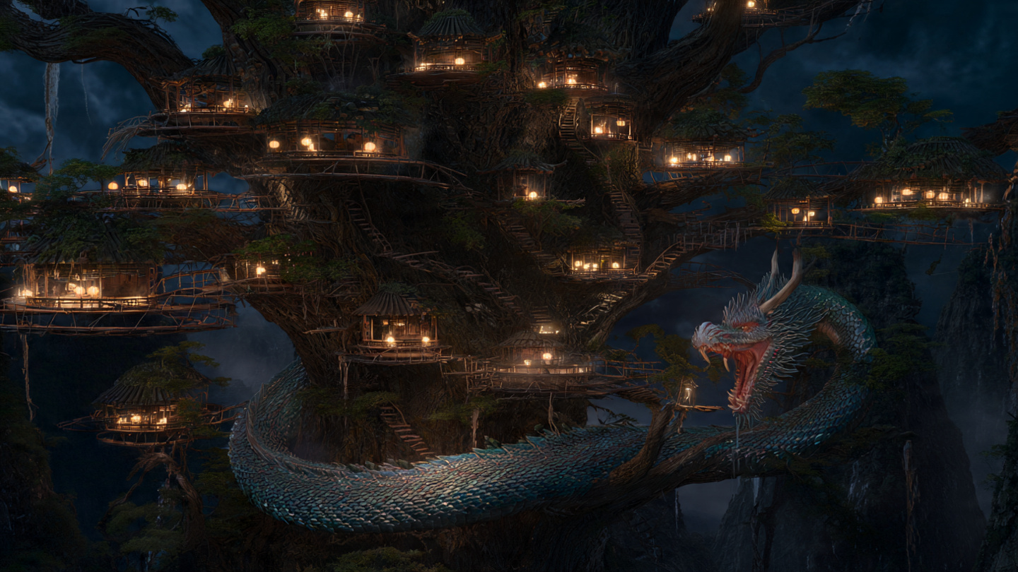 Dragon Guardian of the Ancient Tree City | 4K Fantasy Wallpaper